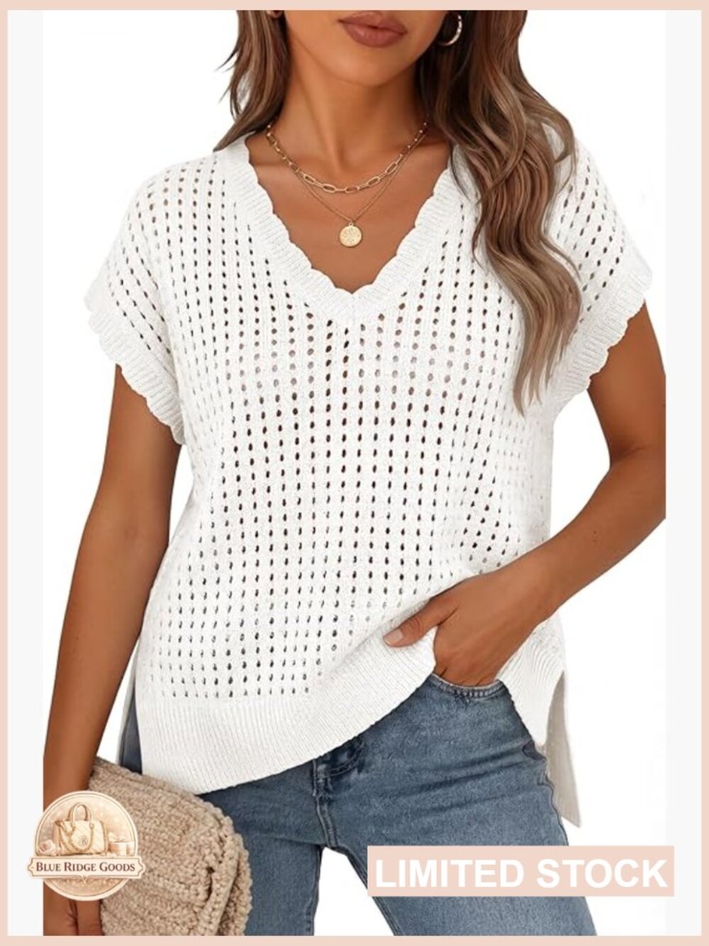 Crochet V Neck Cap Sleeve Pullover Sweater Cute Beach Vacation Top Summer Knit